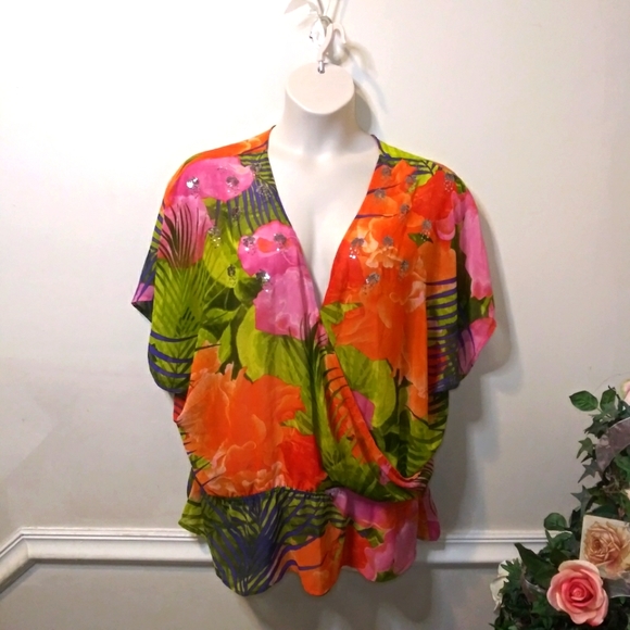 Lane Bryant Size 18/20 Sequin Trimmed Vibrant Tropical Floral Chiffon Blouse - Picture 10 of 10